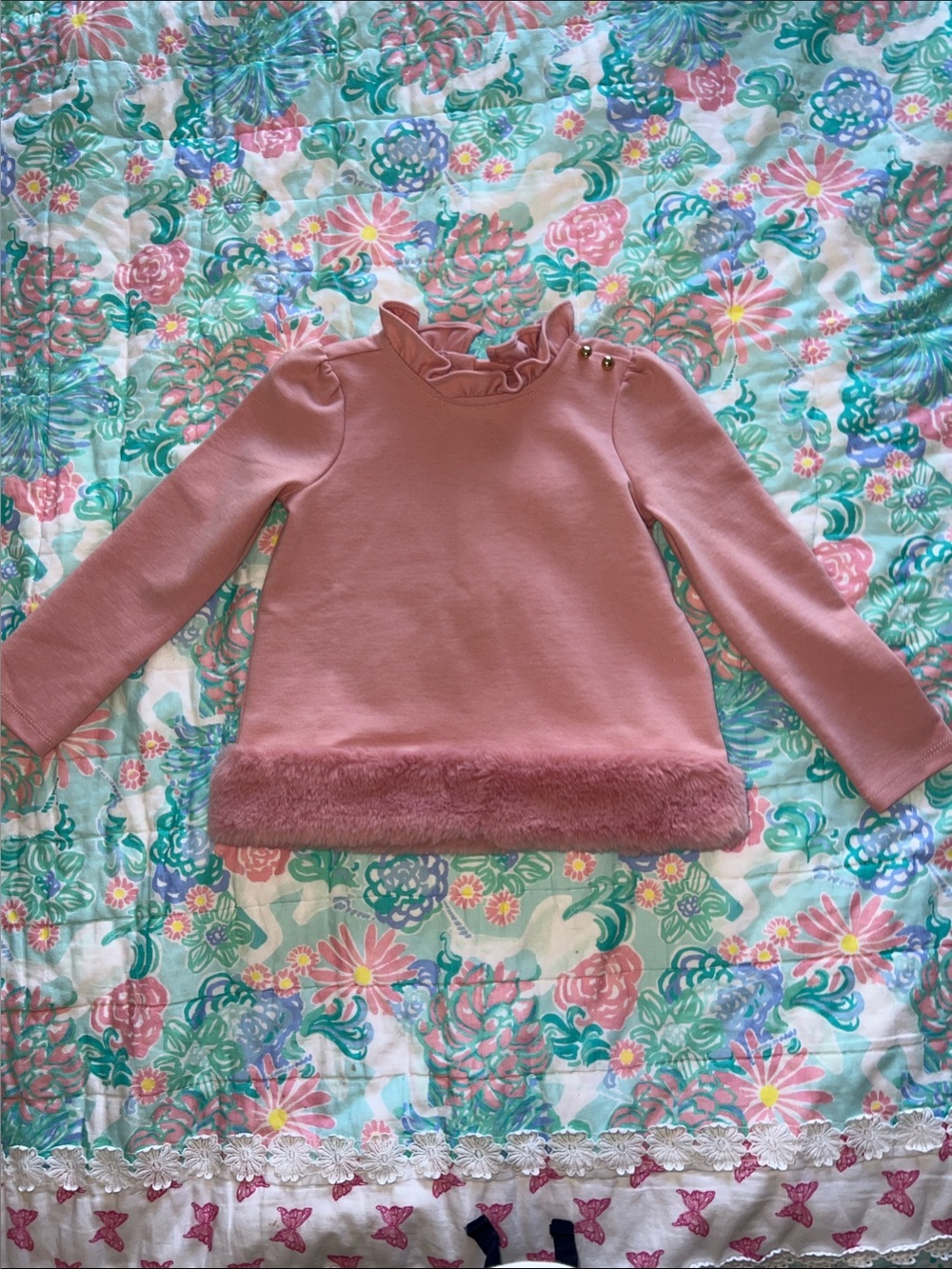 Janie and Jack Pink Ruffle-Neck Top with Faux Fur Trim